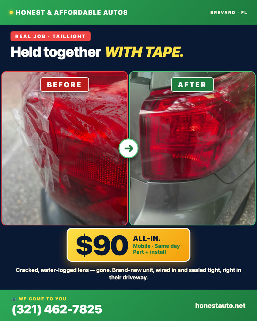 Taillight before and after — cracked and taped vs brand new